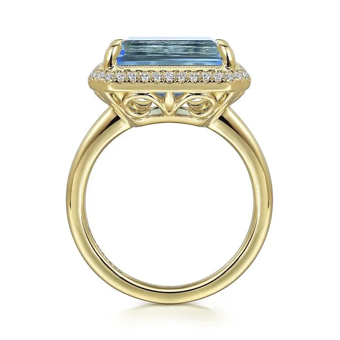 Gabriel 14K Yellow Gold Diamond and Blue Topaz Emerald Cut Ladies Ring With Flower Pattern Gallery LR52481Y45BT