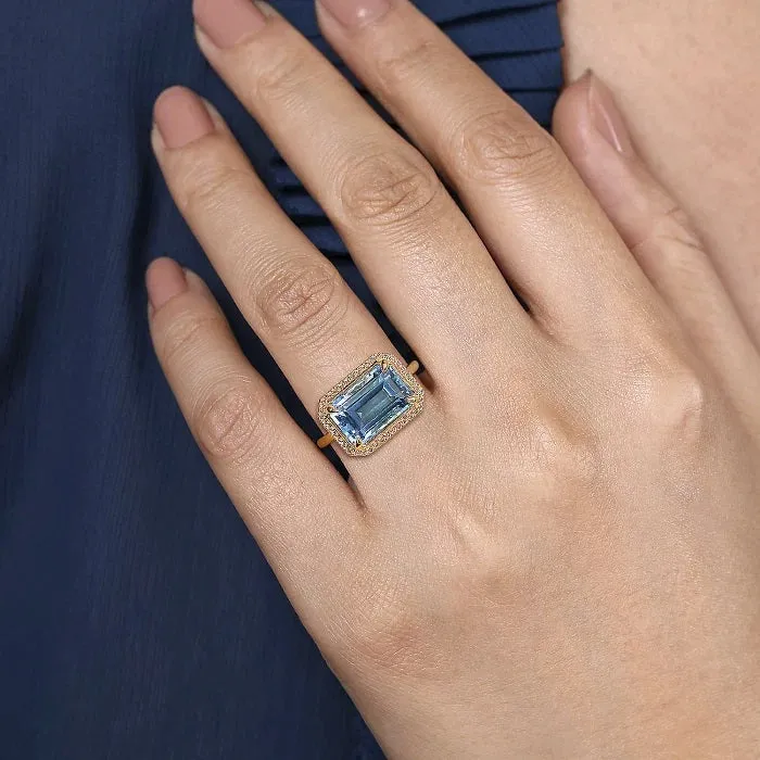 Gabriel 14K Yellow Gold Diamond and Blue Topaz Emerald Cut Ladies Ring With Flower Pattern Gallery LR52481Y45BT