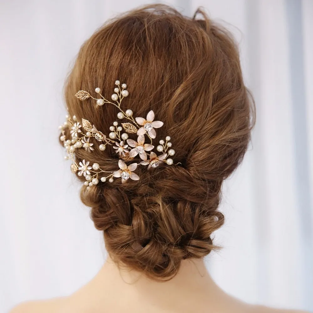 Gold Flower Crystal Pearl Bridal Headband Hair Vine Wedding Tiara