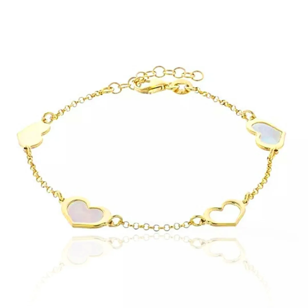 Gold Plated Sterling Silver Mother of Pearl Heart Station Bracelet