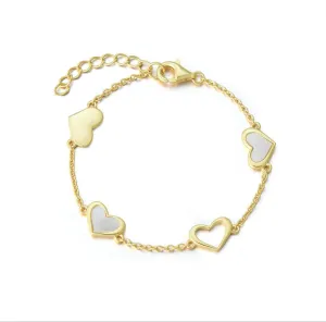 Gold Plated Sterling Silver Mother of Pearl Heart Station Bracelet