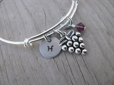 Grapes Charm Bracelet- Adjustable Bangle Bracelet with an initial charm and accent bead of your choice