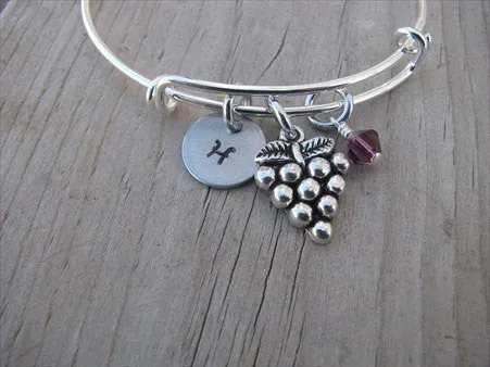 Grapes Charm Bracelet- Adjustable Bangle Bracelet with an initial charm and accent bead of your choice