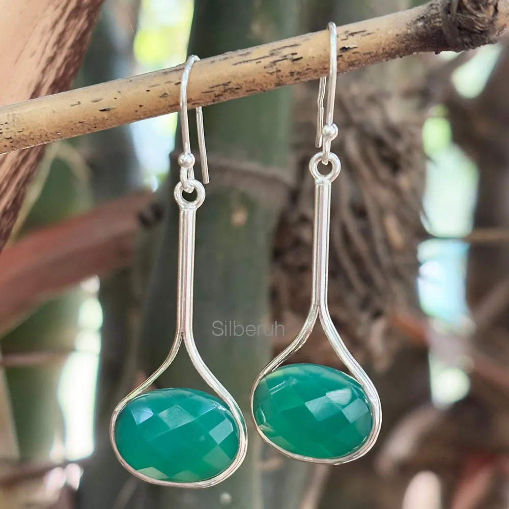 Green Onyx Facetted Drop Silver Earring