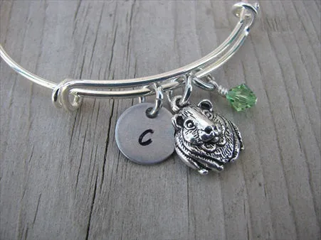 Guinea Pig Charm Bracelet- Adjustable Bangle Bracelet with a Initial Charm and an Accent Bead of your choice