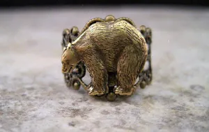 Handmade Oxidized Brass Bear Adjustable Filigree Ring