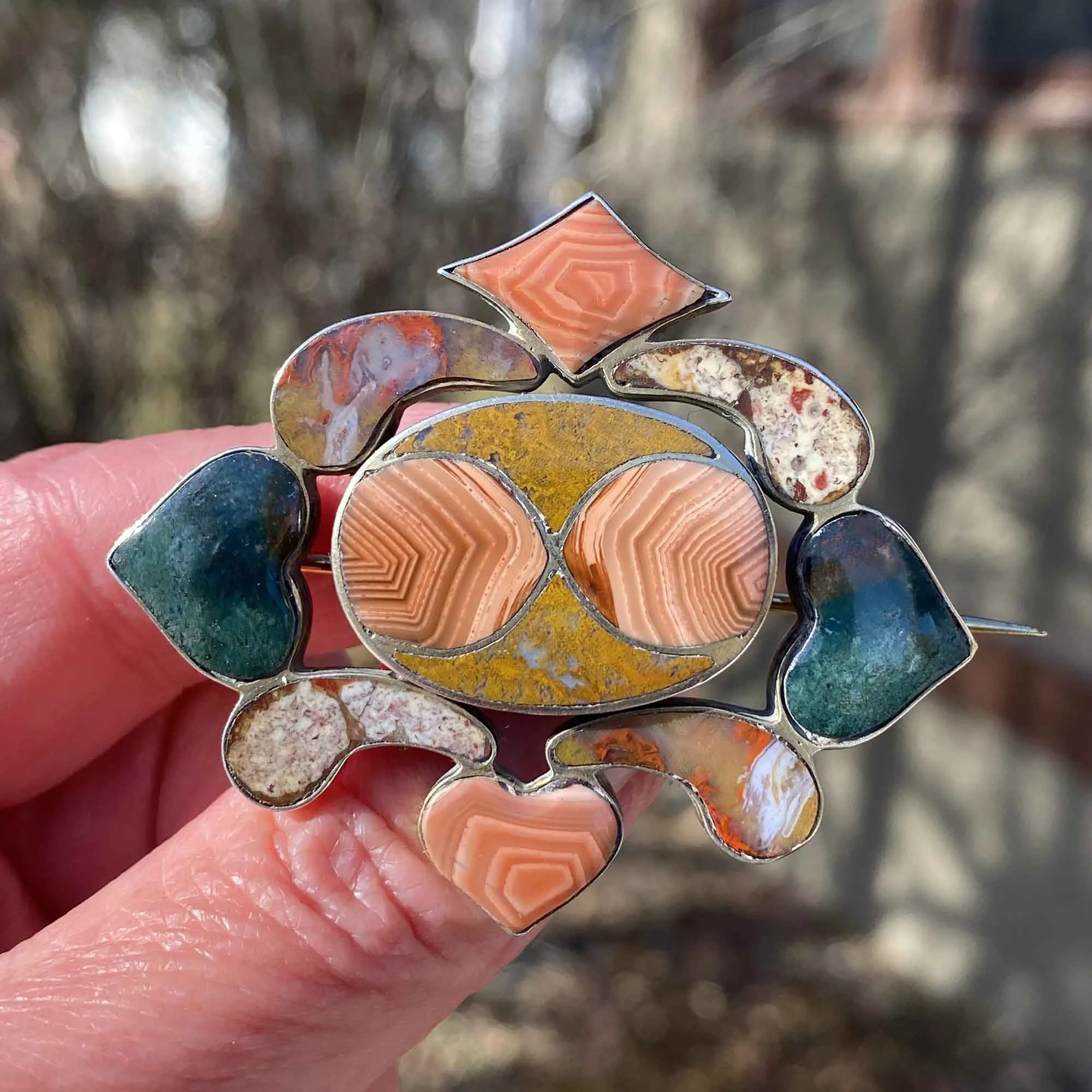Large Antique Scottish Agate Brooch w Hearts