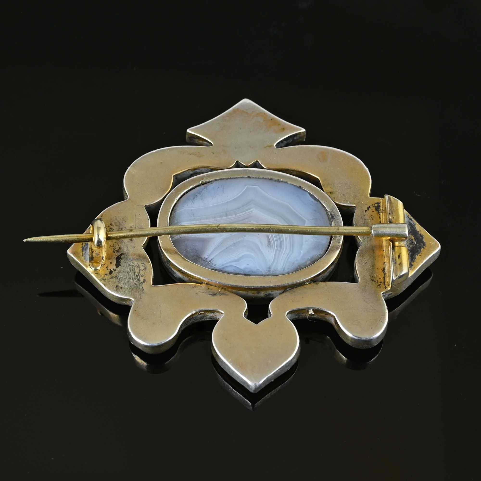 Large Antique Scottish Agate Brooch w Hearts