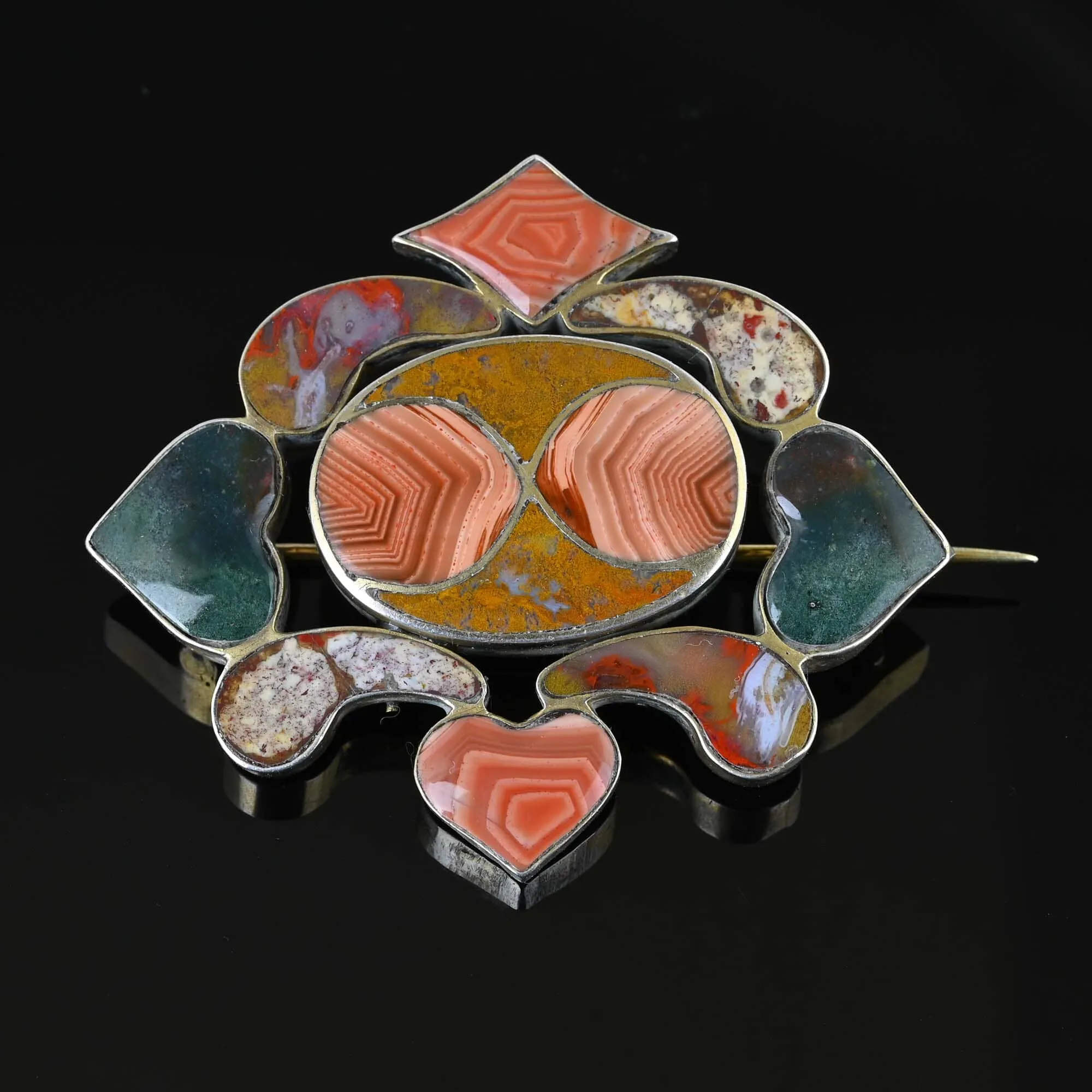 Large Antique Scottish Agate Brooch w Hearts