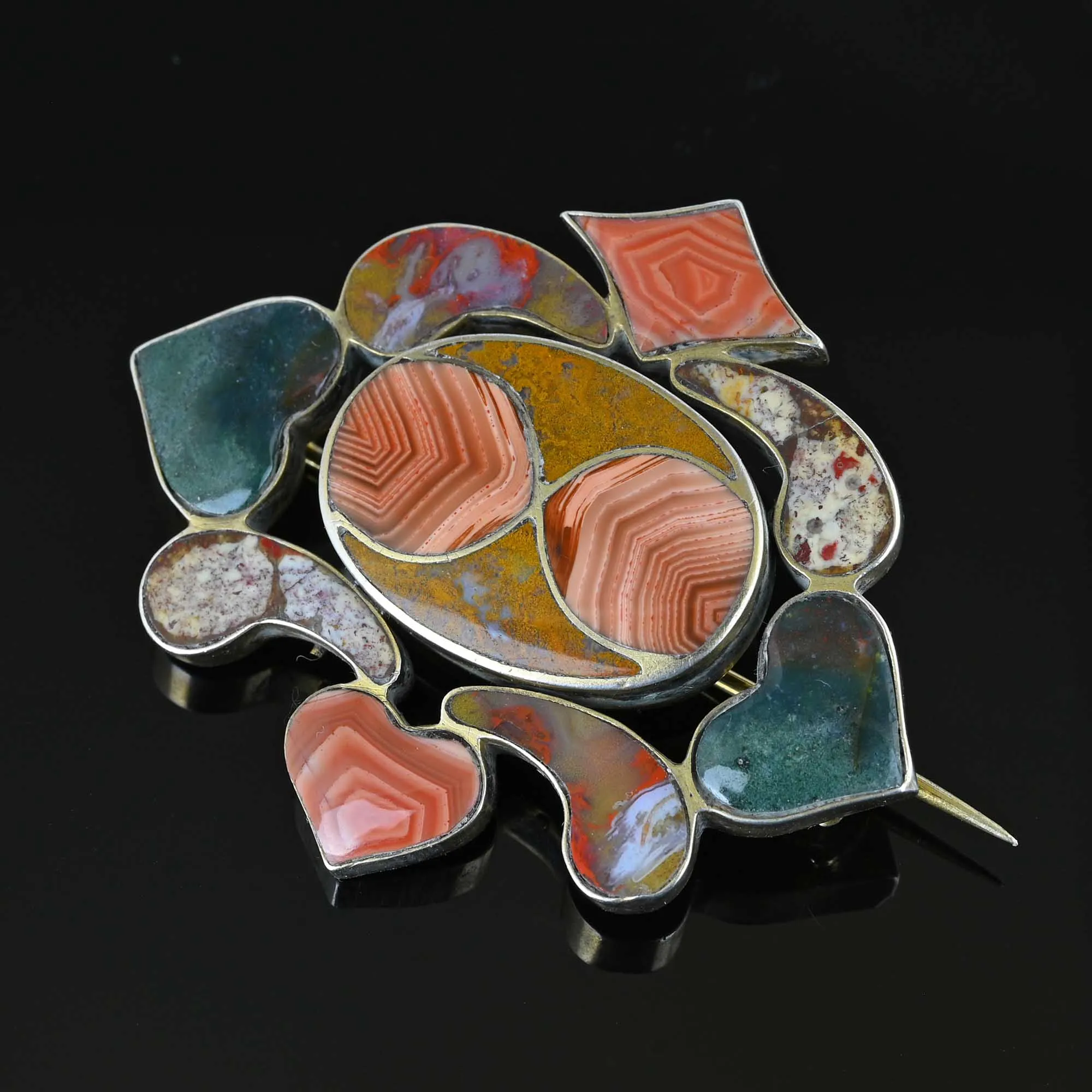 Large Antique Scottish Agate Brooch w Hearts