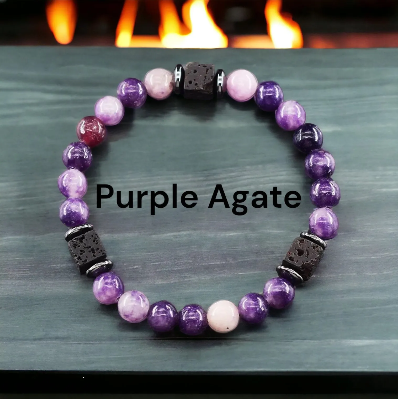 Lava Stone•Hematite & Choice of (Group B) Gemstones•Aromatherapy Volcanic Cube•Square•Custom Size•Round Stretch (8mm) Natural Gemstone Crystal Energy Bead Bracelet