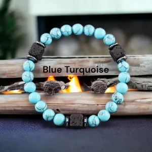 Lava Stone•Hematite & Choice of (Group B) Gemstones•Aromatherapy Volcanic Cube•Square•Custom Size•Round Stretch (8mm) Natural Gemstone Crystal Energy Bead Bracelet