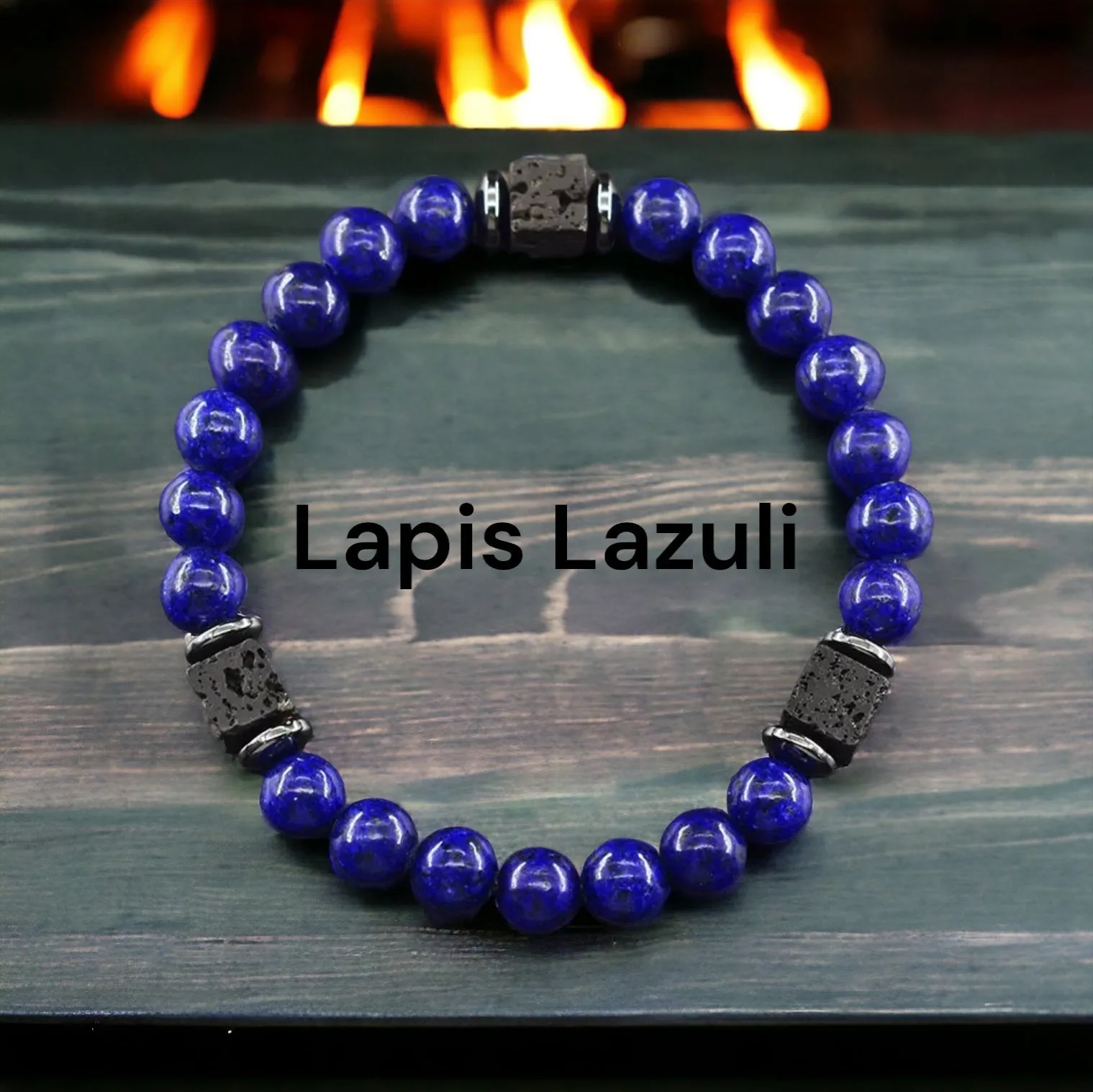 Lava Stone•Hematite & Choice of (Group B) Gemstones•Aromatherapy Volcanic Cube•Square•Custom Size•Round Stretch (8mm) Natural Gemstone Crystal Energy Bead Bracelet