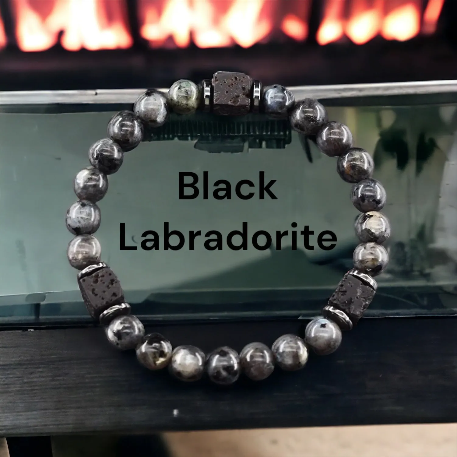 Lava Stone•Hematite & Choice of (Group B) Gemstones•Aromatherapy Volcanic Cube•Square•Custom Size•Round Stretch (8mm) Natural Gemstone Crystal Energy Bead Bracelet