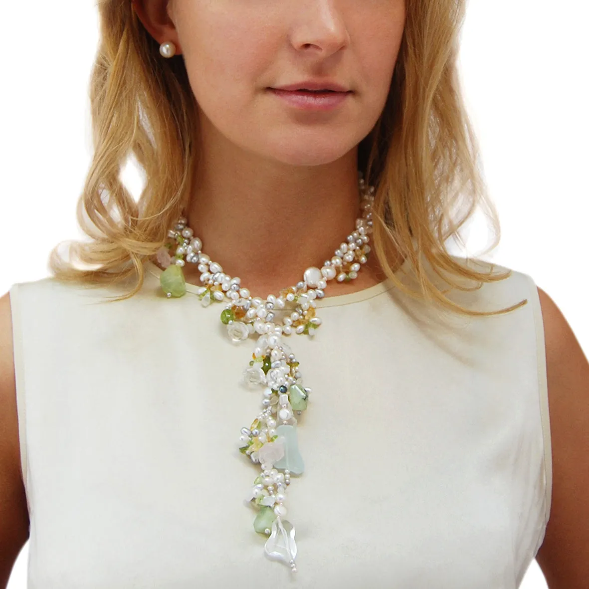 Light Multi-Coloured Pearl & Semi Precious Stone 'Abstract' Lariat