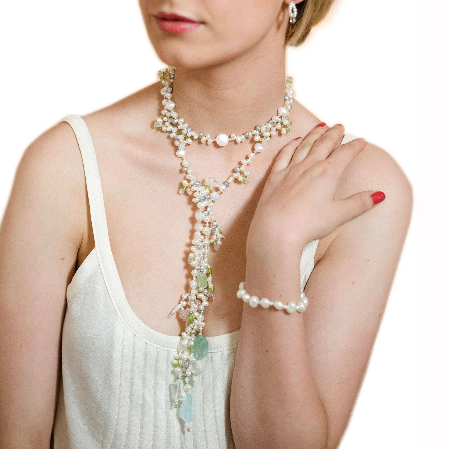 Light Multi-Coloured Pearl & Semi Precious Stone 'Abstract' Lariat