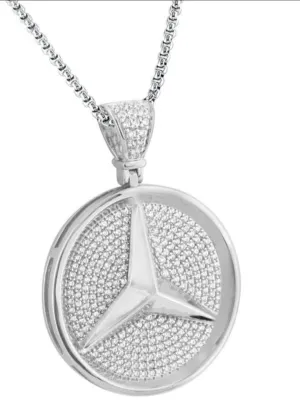 Luxurious Hiphop Style Pendant Mercedes Medallion Diamond Studded Real SilverListed for charity