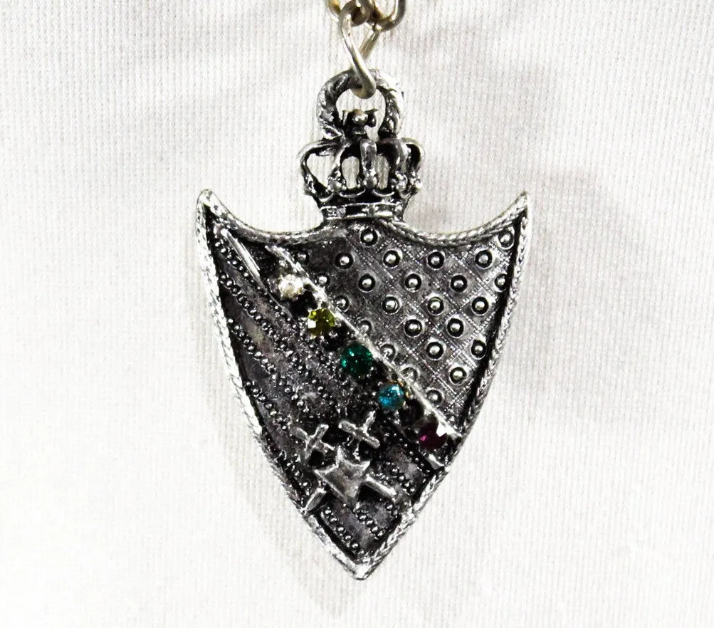 Medieval Style Shield Pendant with Chain - Chivalry Necklace - 1970s Renaissance Look Heraldry Crest with Swords - Silver Hue Metal - 50638
