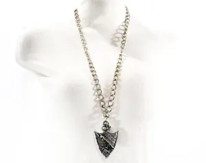 Medieval Style Shield Pendant with Chain - Chivalry Necklace - 1970s Renaissance Look Heraldry Crest with Swords - Silver Hue Metal - 50638