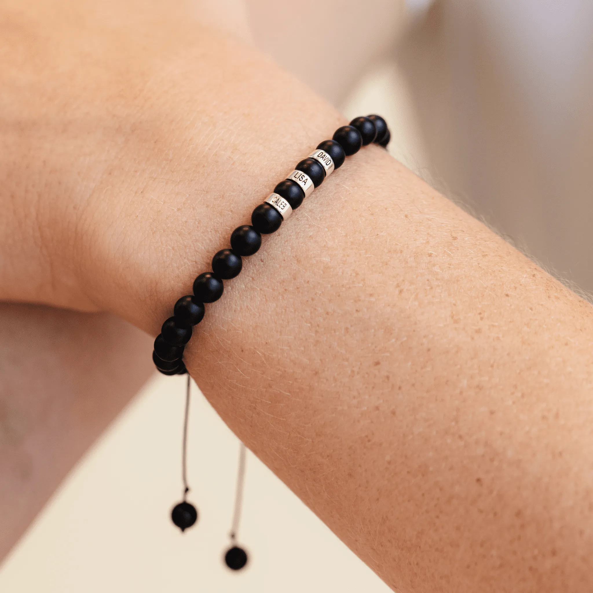 Men's Black Onyx Engravable Bead Bracelet - 14K White Gold