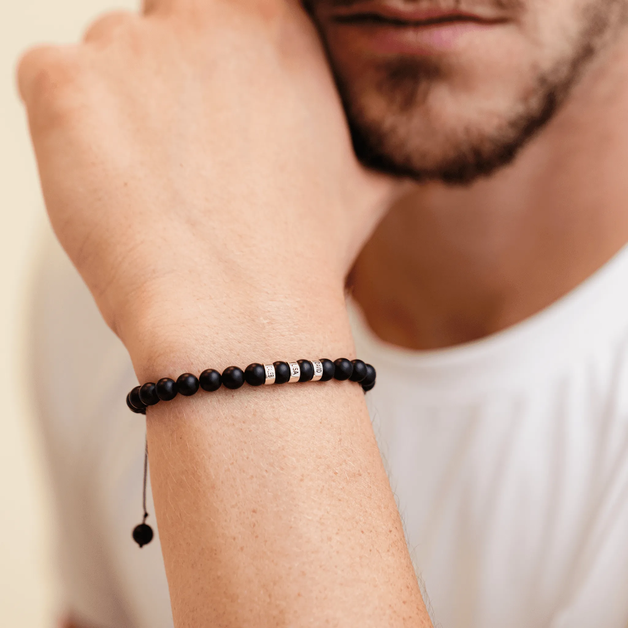 Men's Black Onyx Engravable Bead Bracelet - 14K White Gold