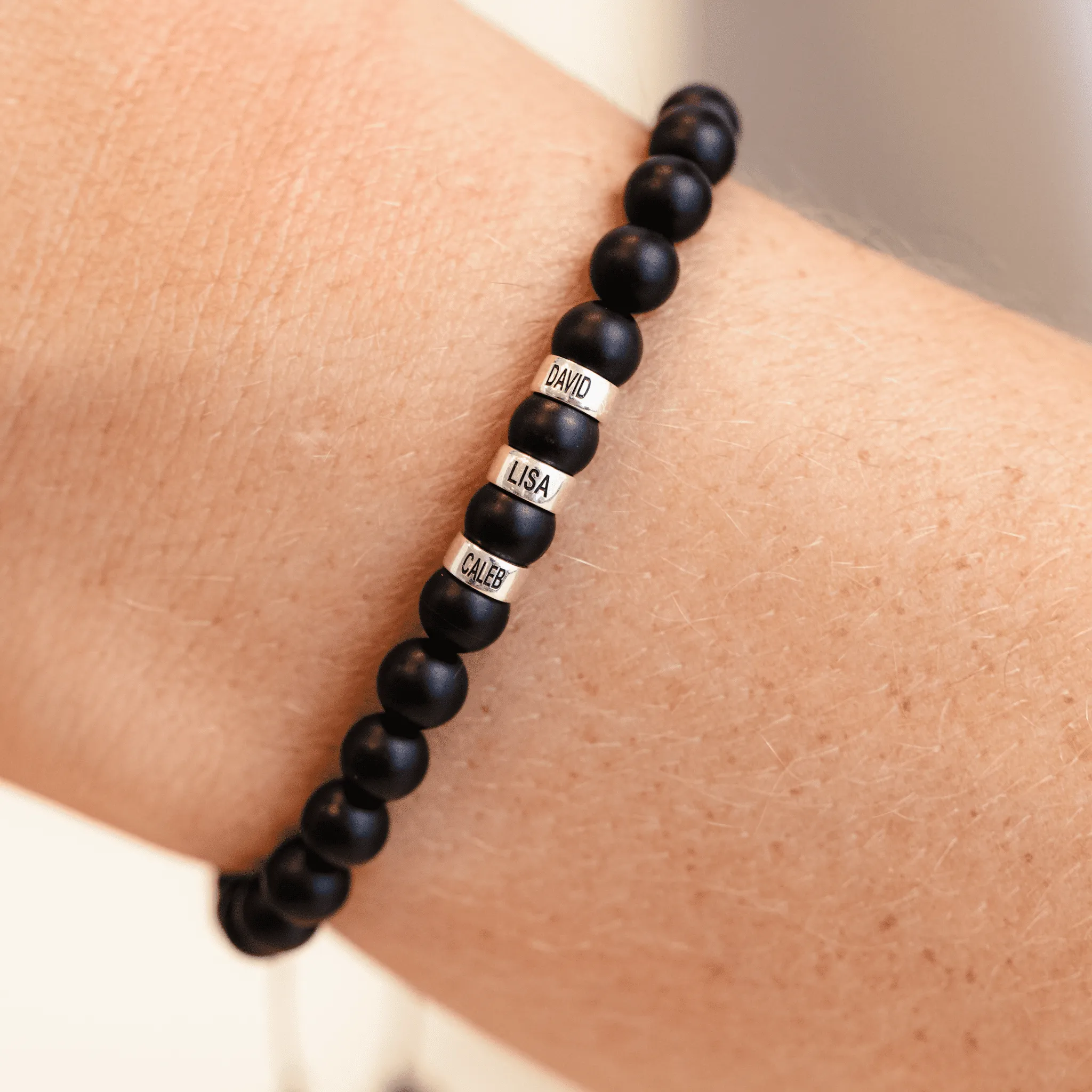 Men's Black Onyx Engravable Bead Bracelet - 14K White Gold