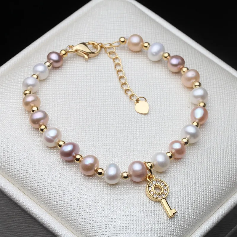 Multi Color Round Real Natural Pearl Bracelet