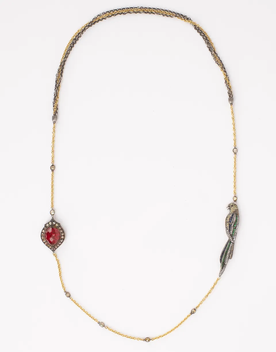 Parrot And Carved Rose Rock Quartz Necklace