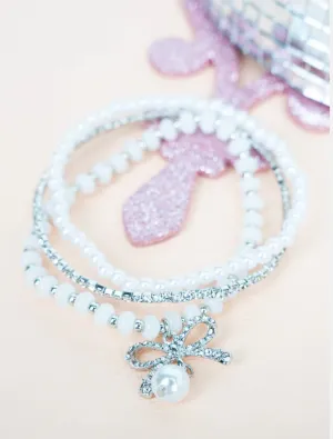PEARL & CRYSTAL BOW BEADED SILVERTONE BRACELET SET