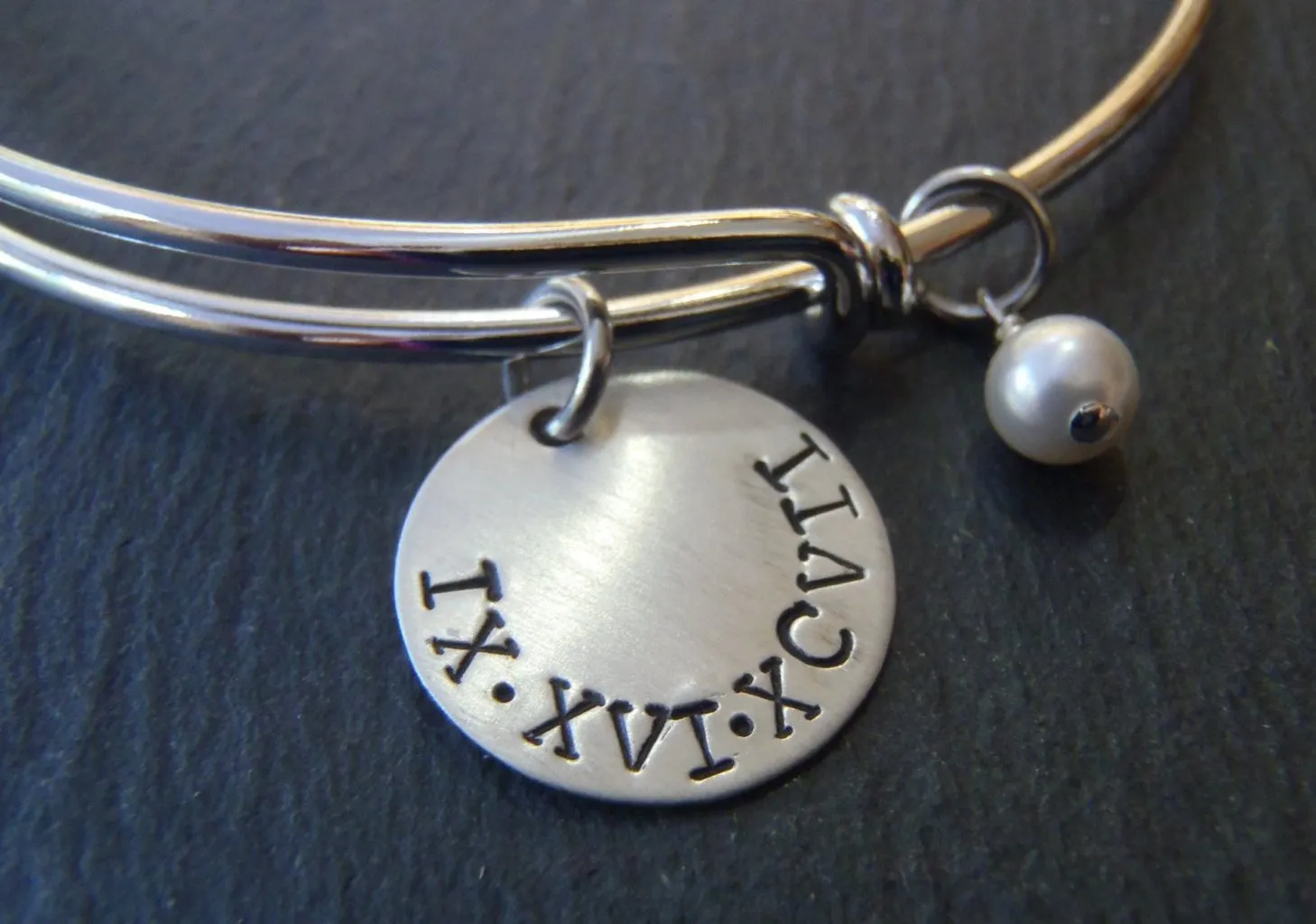 Roman Numeral bracelet with personalized hand stamped date or name and a pearl charm
