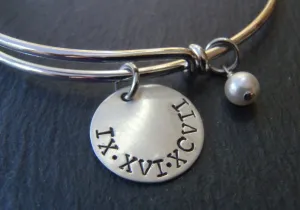 Roman Numeral bracelet with personalized hand stamped date or name and a pearl charm