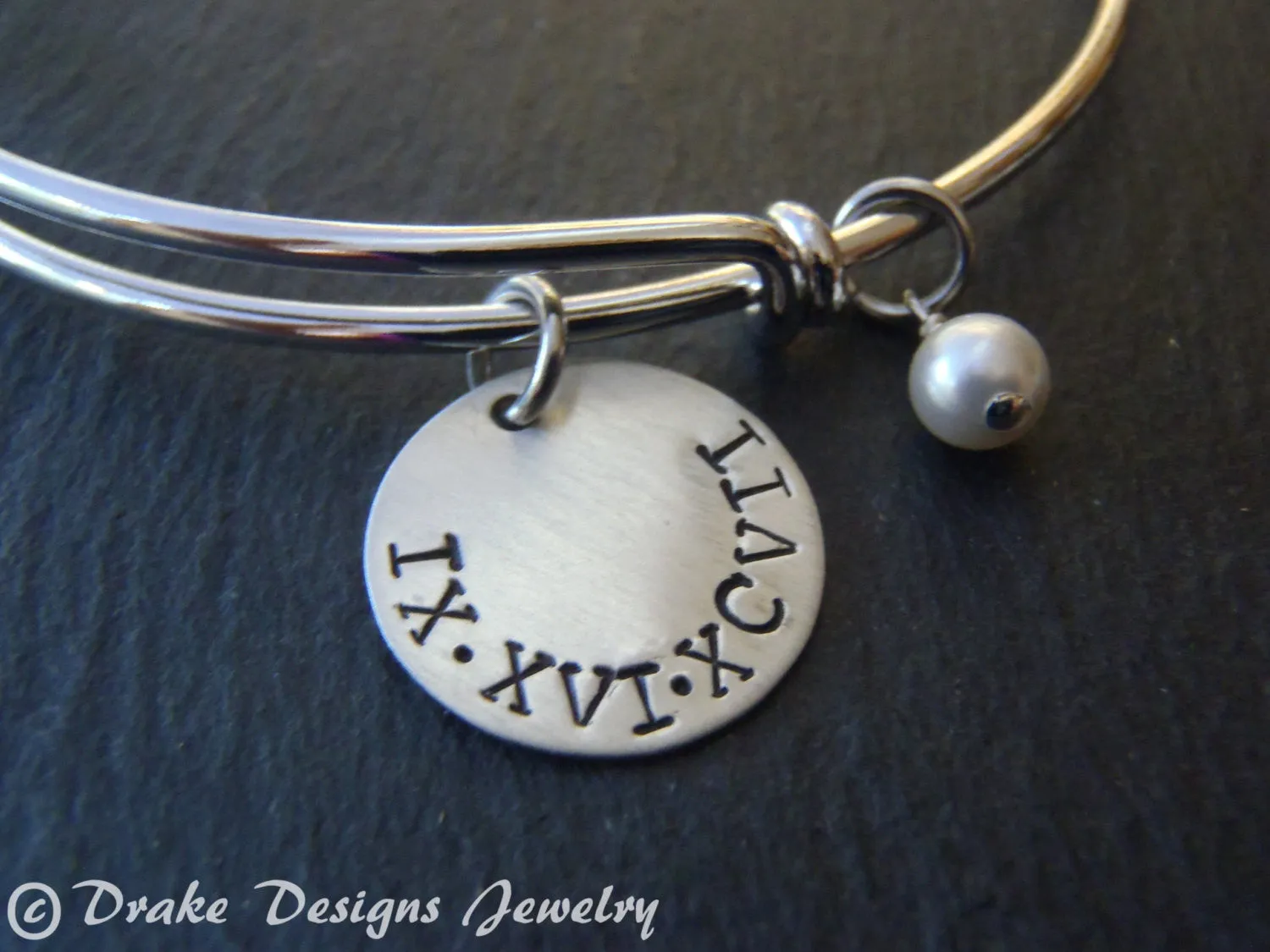 Roman Numeral bracelet with personalized hand stamped date or name and a pearl charm