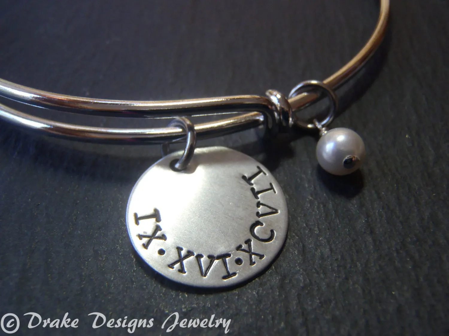 Roman Numeral bracelet with personalized hand stamped date or name and a pearl charm