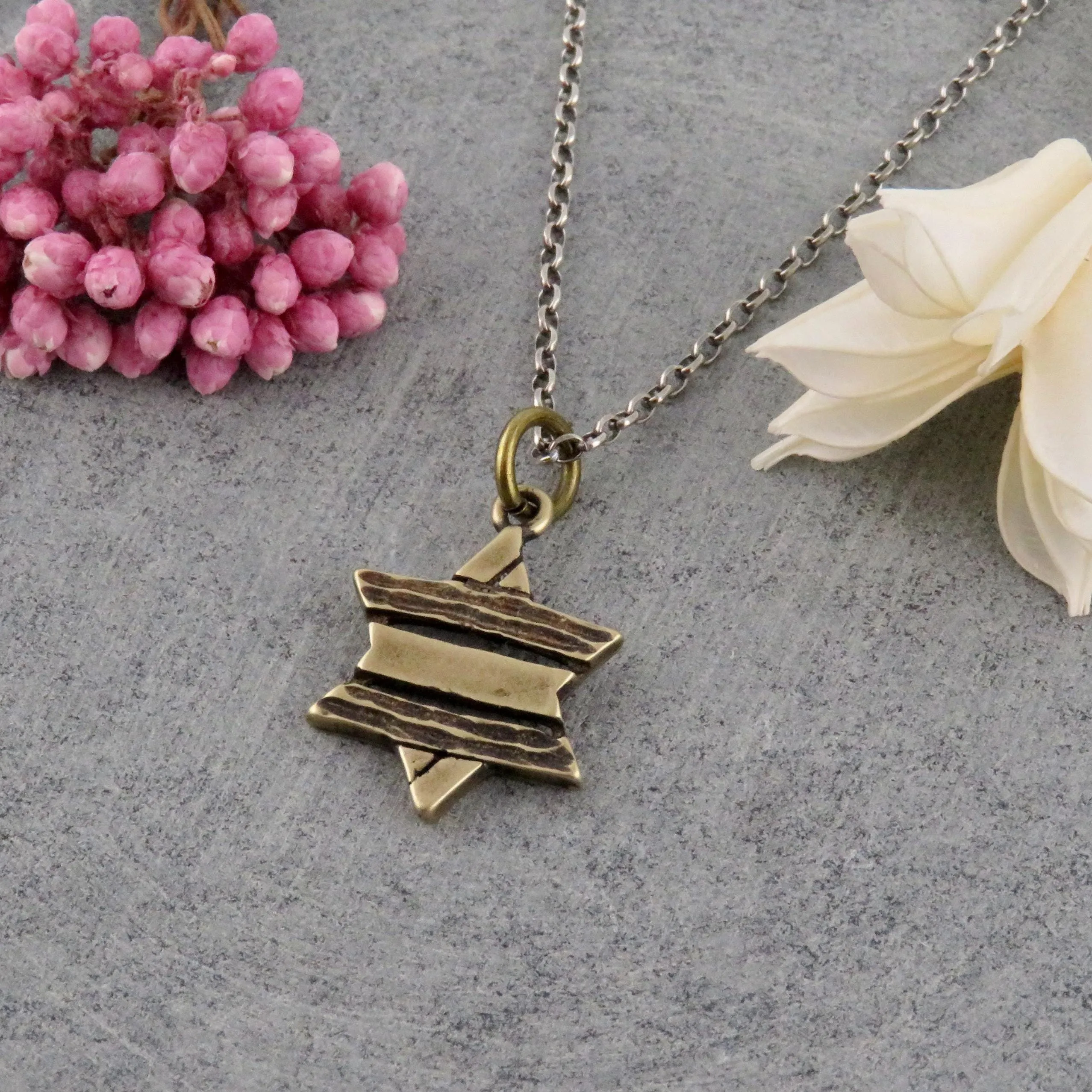 Rustic Star of David Necklace - Brass