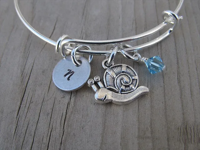 Snail Charm Bracelet- Adjustable Bangle Bracelet with an Initial Charm and an Accent Bead of your choice