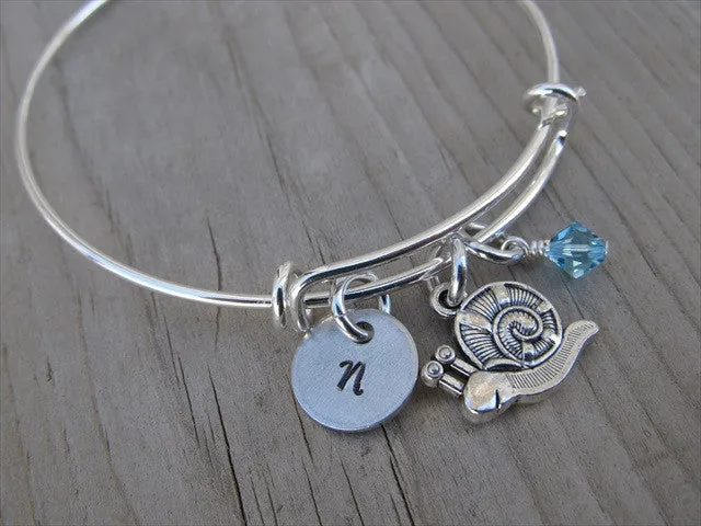 Snail Charm Bracelet- Adjustable Bangle Bracelet with an Initial Charm and an Accent Bead of your choice
