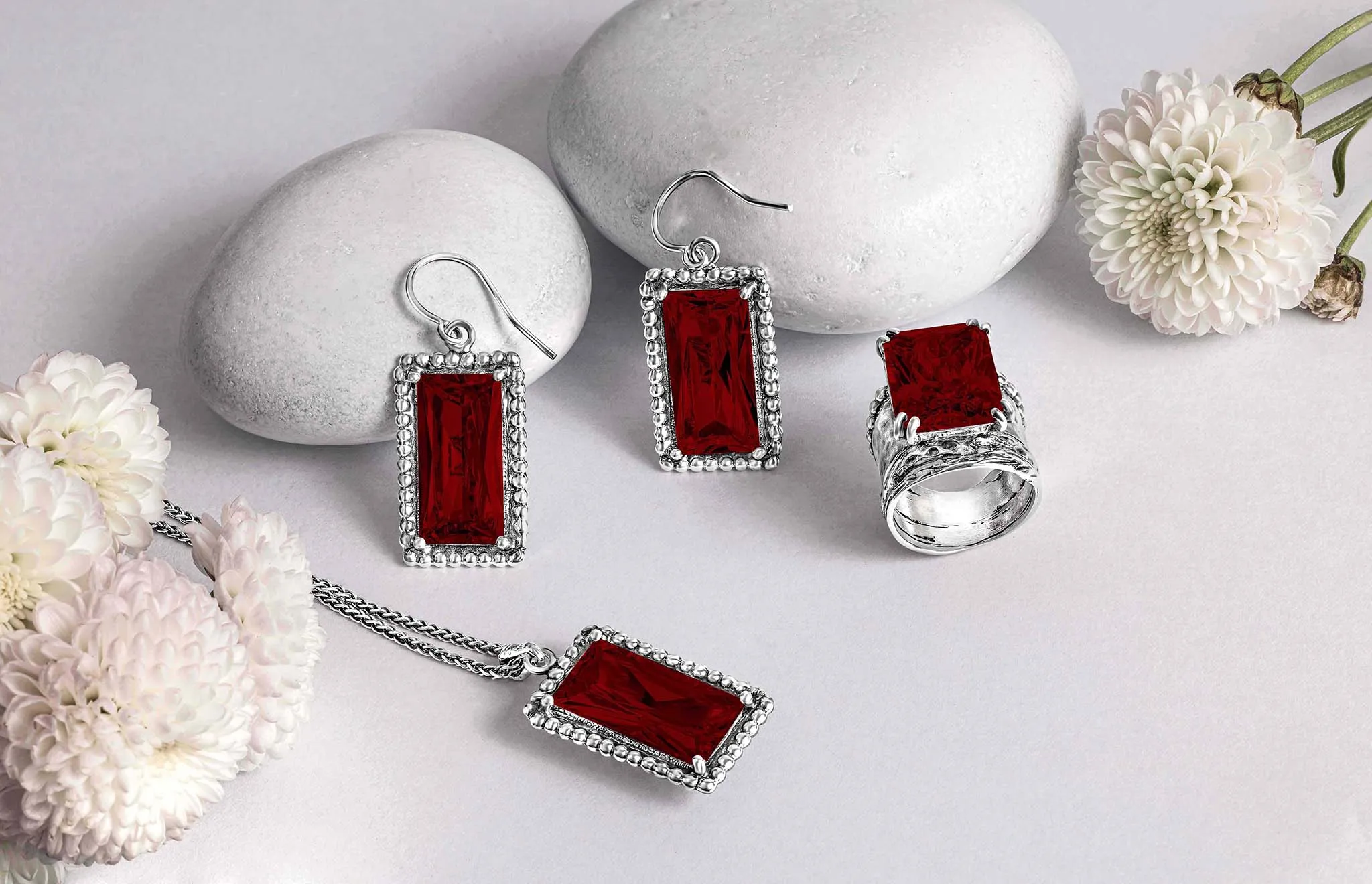 Sterling Silver Garnet CZ Baguette Necklace