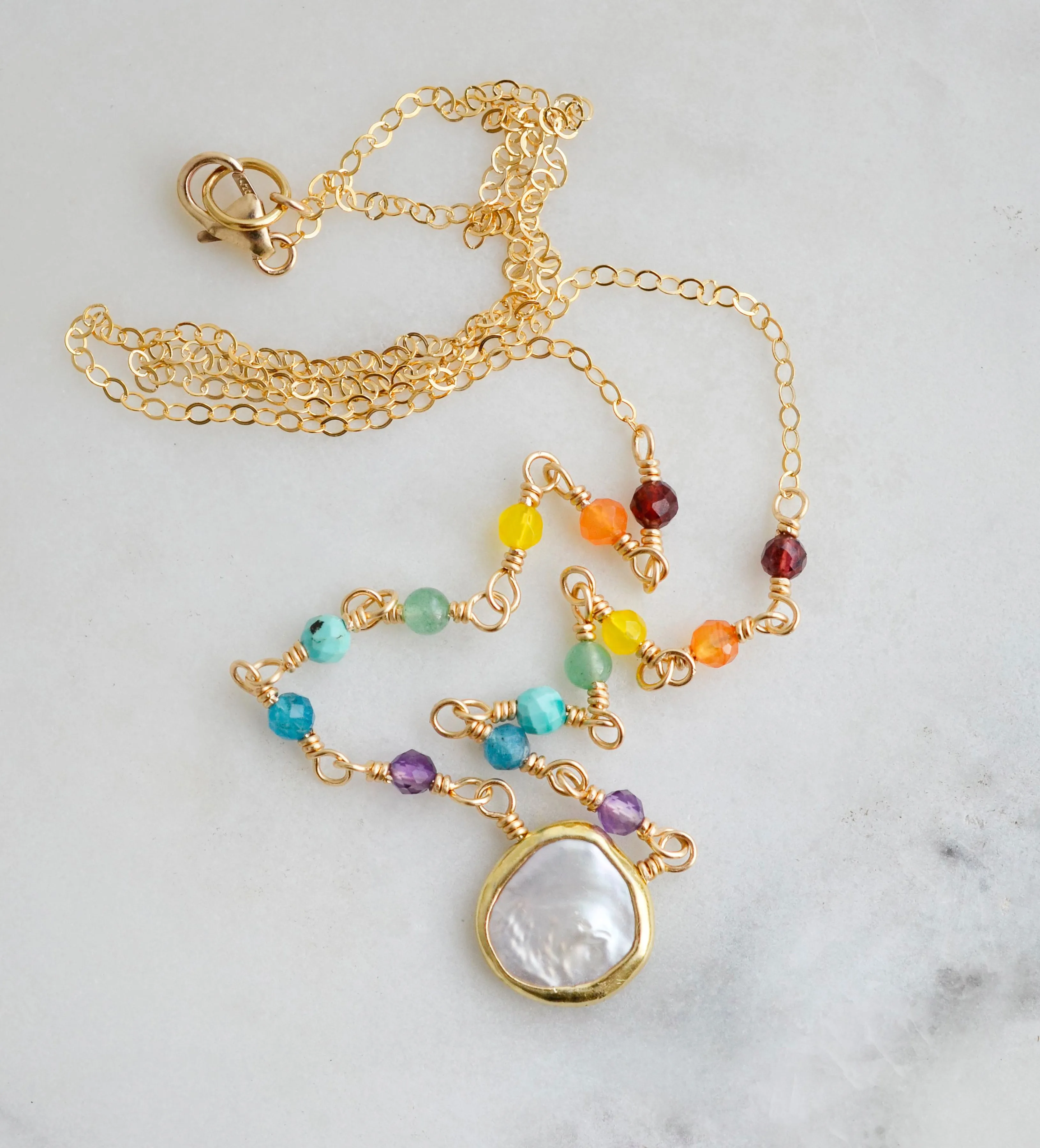 Stone Chakra Necklace with Freshwater Pearl
