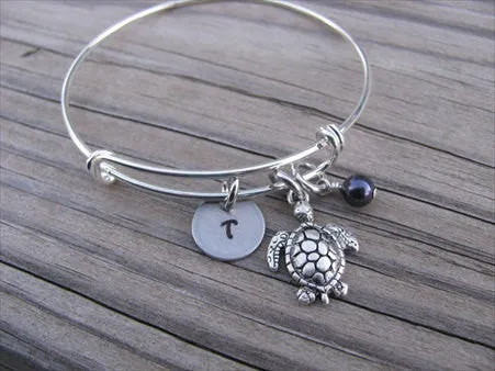 Turtle Charm Bracelet- Adjustable Bangle Bracelet with an Initial Charm and an Accent Bead of your choice