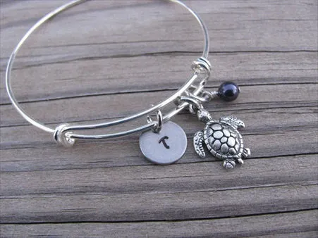 Turtle Charm Bracelet- Adjustable Bangle Bracelet with an Initial Charm and an Accent Bead of your choice