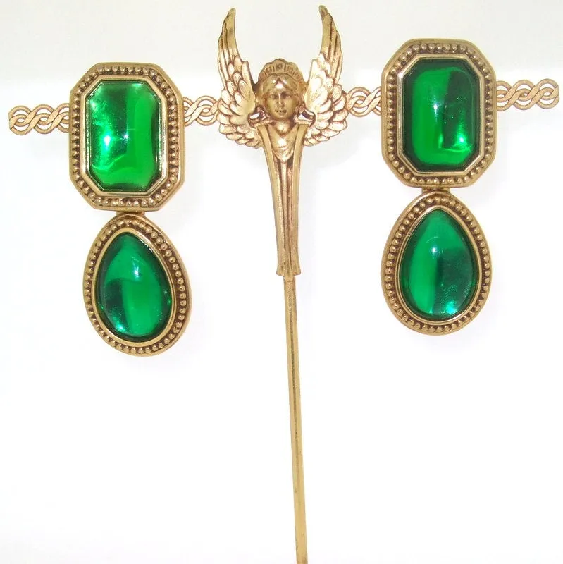 Vintage YSL Earrings Yves Saint Laurent Statement Large green gold clip-on
