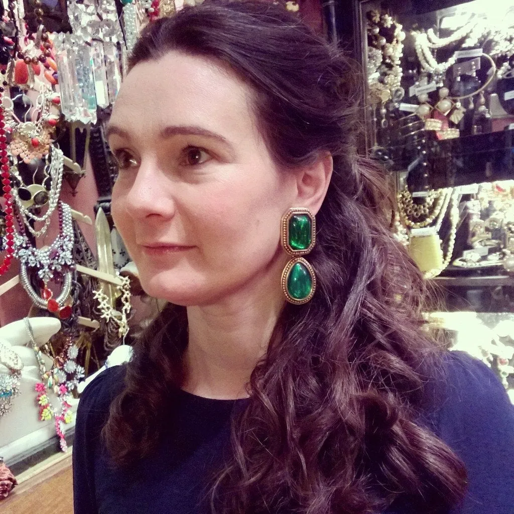 Vintage YSL Earrings Yves Saint Laurent Statement Large green gold clip-on