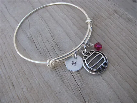 Volleyball Charm Bracelet- Adjustable Bangle Bracelet with an Initial Charm and an Accent Bead of your choice