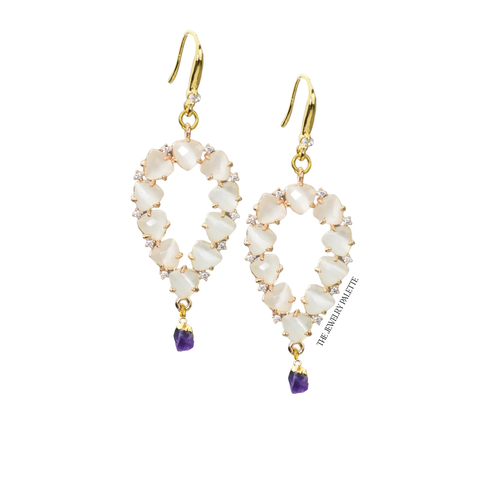 Yara white stones with gold edged garnet drop earrings