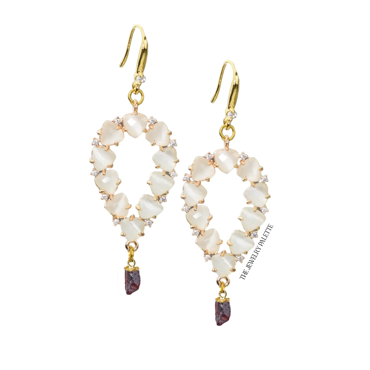Yara white stones with gold edged garnet drop earrings