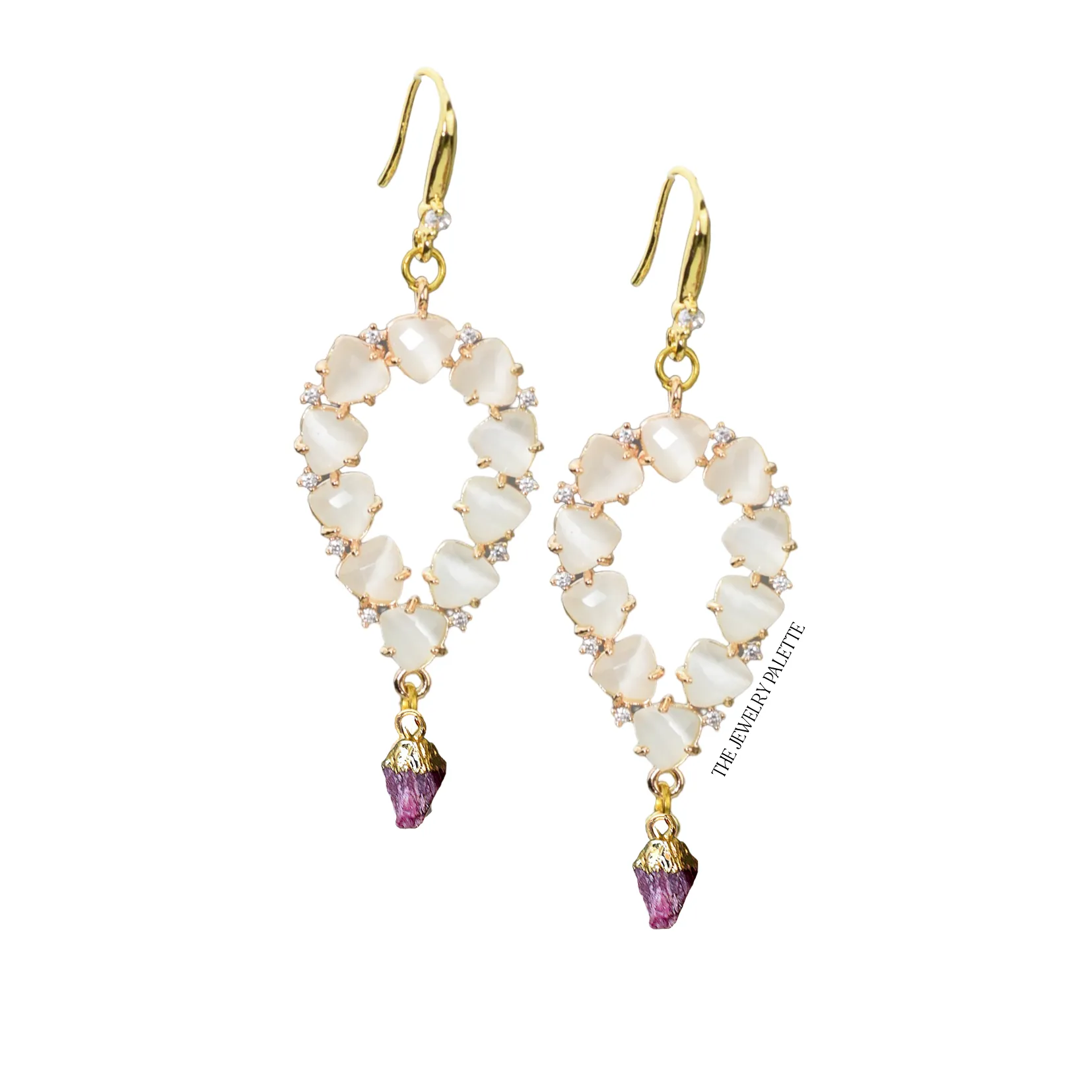 Yara white stones with gold edged garnet drop earrings