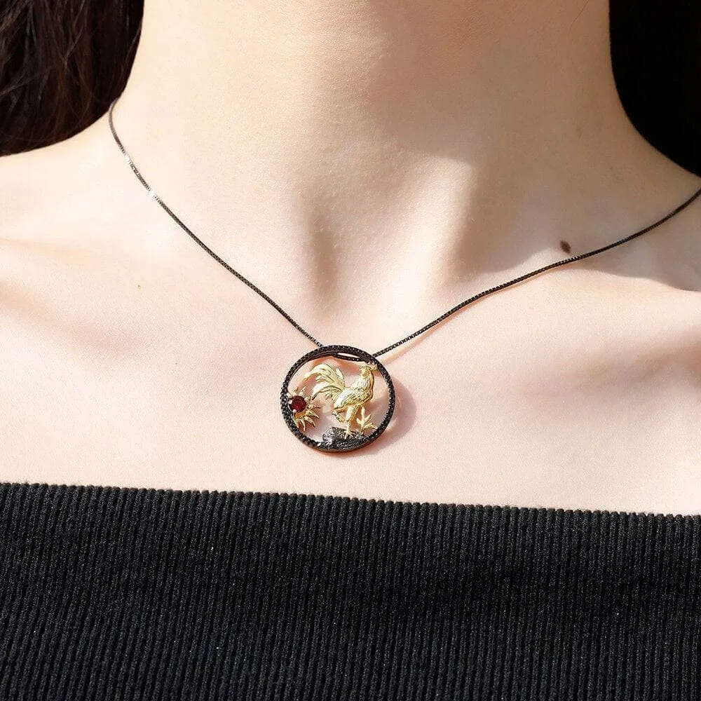 Year Of The Rooster-Natural Red Garnet Handmade Rooster Necklace